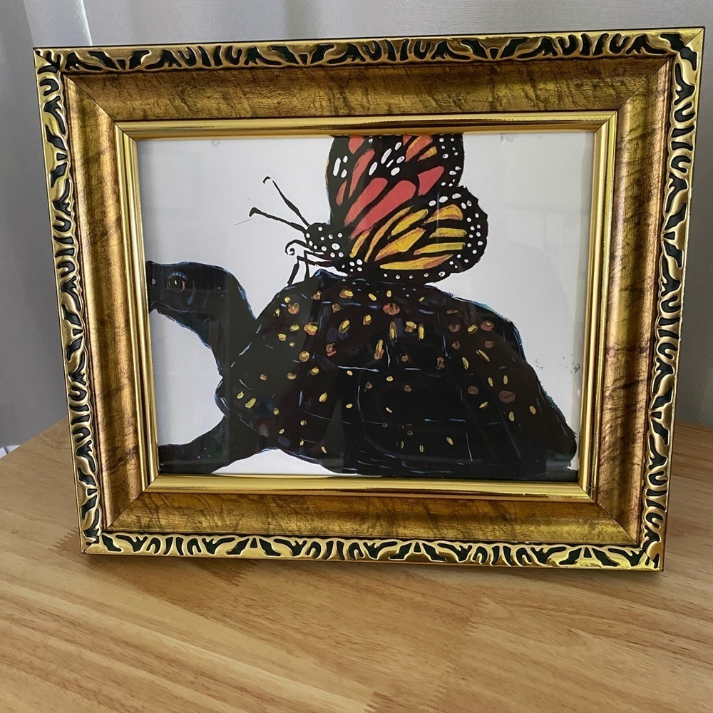 Plastic Gold Framed Wall Art Picture Turtle & Butterfly Nature Design Home Decor